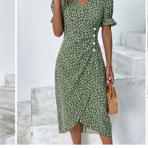 Green Wrap Midi Dress with Puff Sleeves